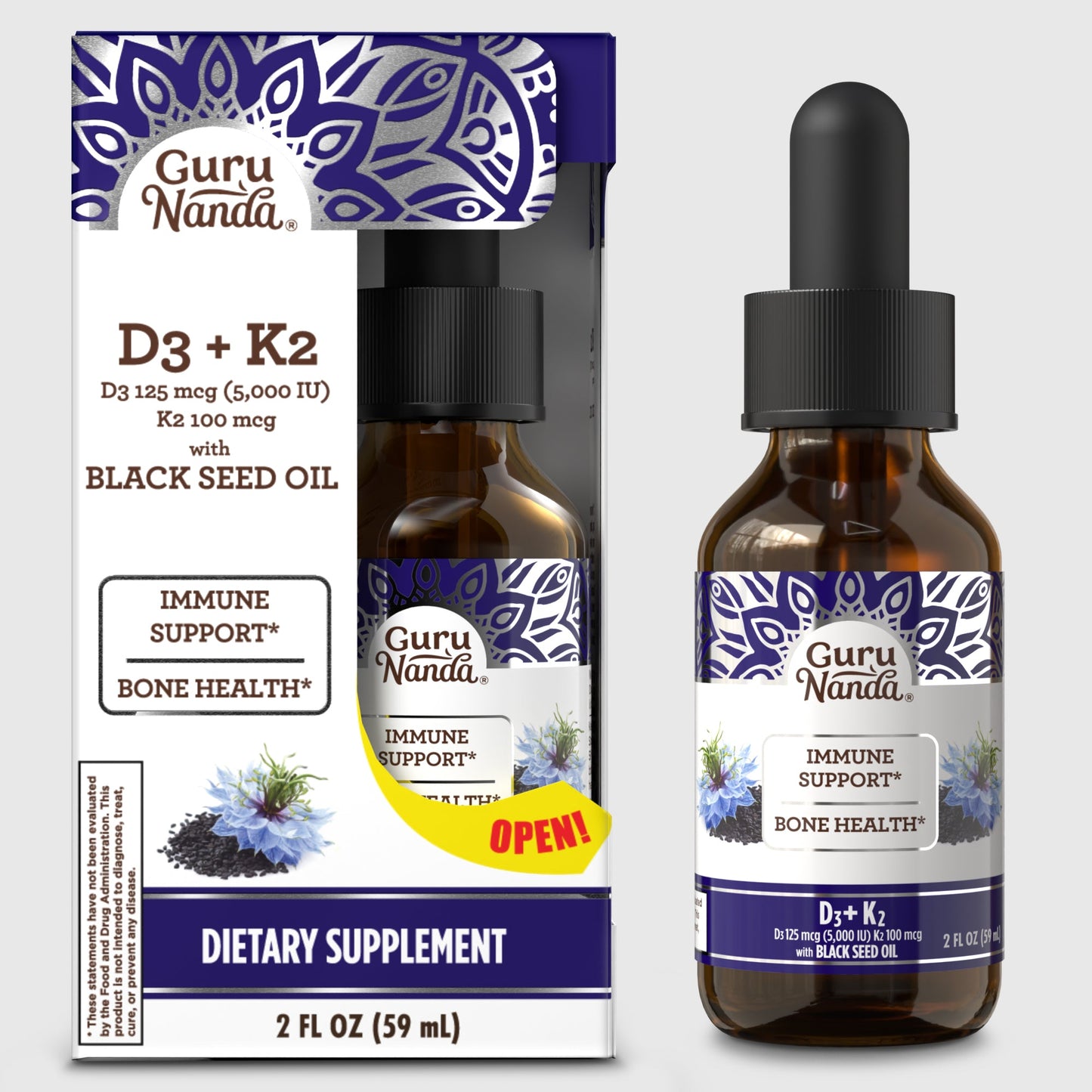 Natural Cold Pressed Black Seed Oil With Vitamin D3, K2 & E