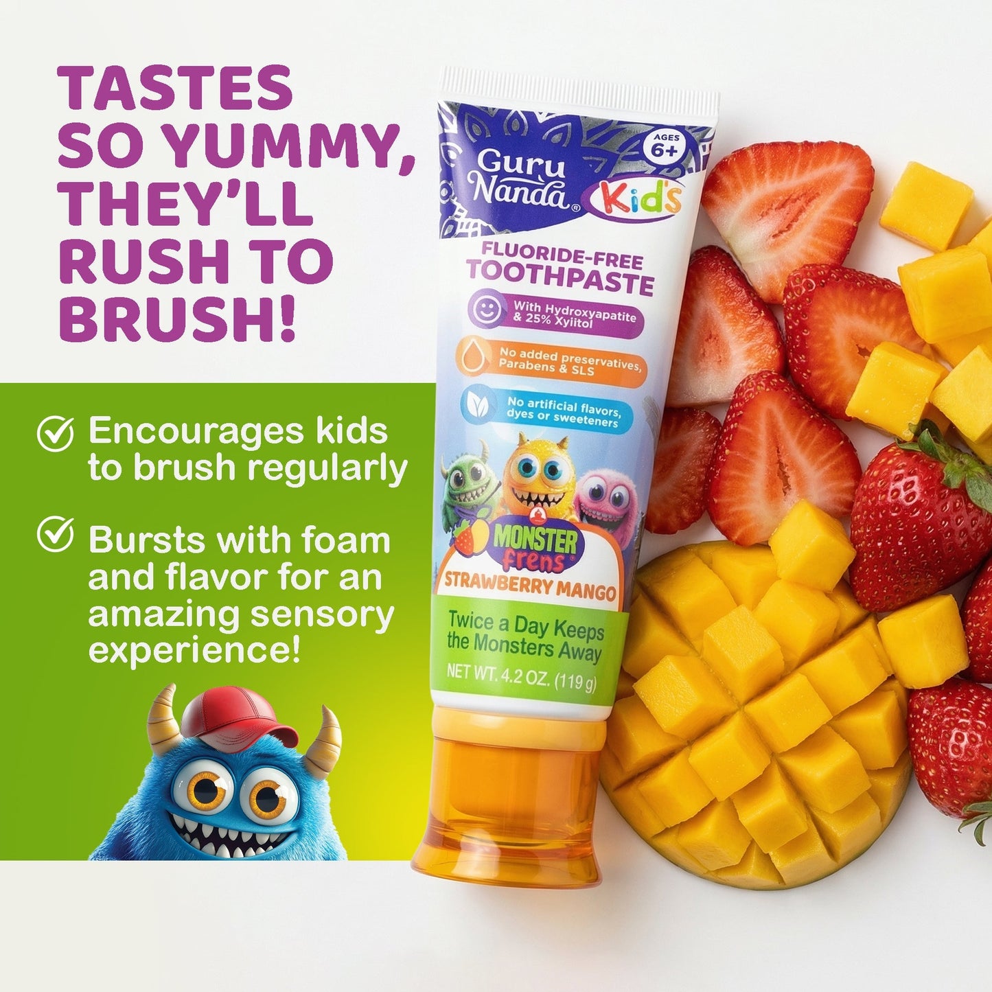 Kids Toothpaste with Xylitol & Hydroxyapatite, Strawberry Mango – 4.2 oz – 3 Pack