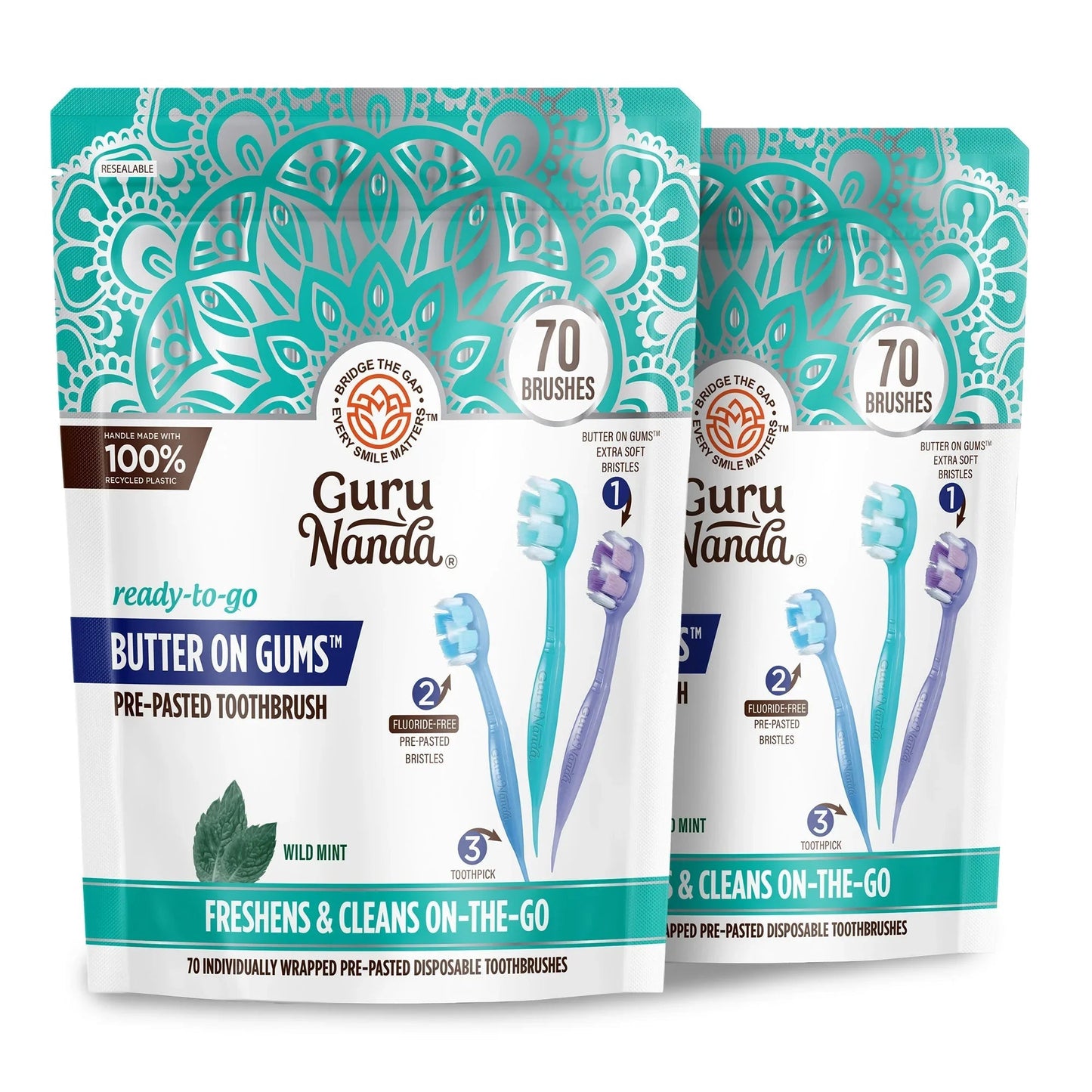 Ready-to-Go Butter on Gums Pre-Pasted Toothbrushes – 70 Count – 2 Pack